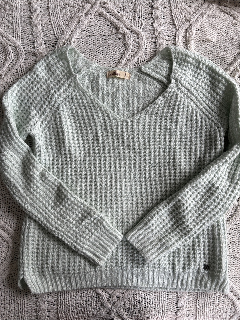 Hollister Mint Green V-Neck Waffle Knit Sweater